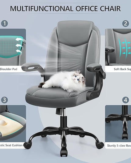 Office Chair Ergonomic Computer Desk Chair, Executive Leather Office Chair with Adjustable Flip-up Armrests Height, Swivel Task Chair with Lumbar Support Rocking Function for Home Office(Gray) - LeafyLoom