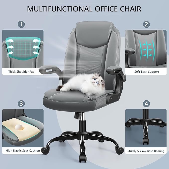 Office Chair Ergonomic Computer Desk Chair, Executive Leather Office Chair with Adjustable Flip-up Armrests Height, Swivel Task Chair with Lumbar Support Rocking Function for Home Office(Gray) - LeafyLoom
