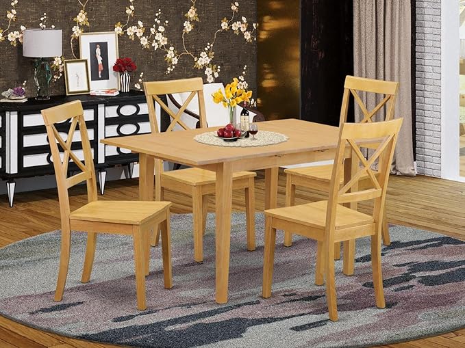 East West Furniture Norfolk 5 Piece Kitchen Set for 4 Includes a Rectangle Room Table with Butterfly Leaf and 4 Dining Chairs, 32x54 Inch, Oak - LeafyLoom