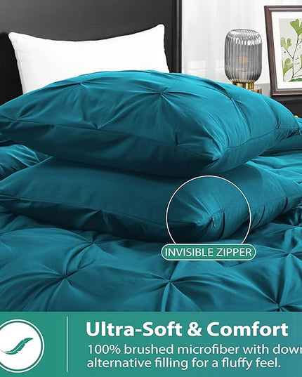 downluxe Pintuck Queen Comforter Set with 2 Pillow Shams - 3-Piece - Crystal Teal Queen Bed Comforter Set for All Seasons, Pinch Pleat Microfiber Down Alternative Bedding Comforter Sets - LeafyLoom