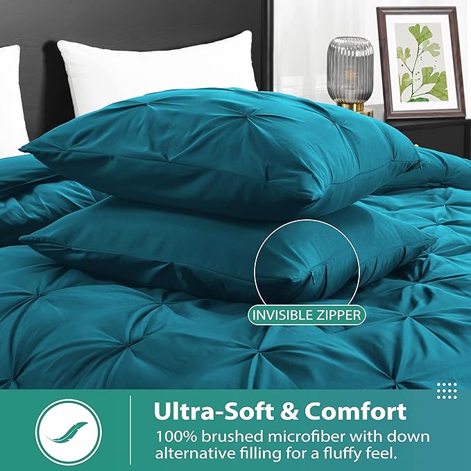 downluxe Pintuck Queen Comforter Set with 2 Pillow Shams - 3-Piece - Crystal Teal Queen Bed Comforter Set for All Seasons, Pinch Pleat Microfiber Down Alternative Bedding Comforter Sets - LeafyLoom
