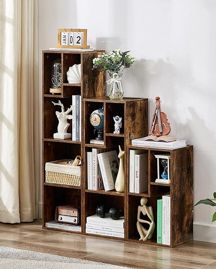 VECELO 4-Tier Bookcase, Modern Storage Cabinet with Height Difference Shelves for Standard Textbooks, 5 Cubes, Vertical or Horizontal, Easy Assembly, Rustic Brown - LeafyLoom