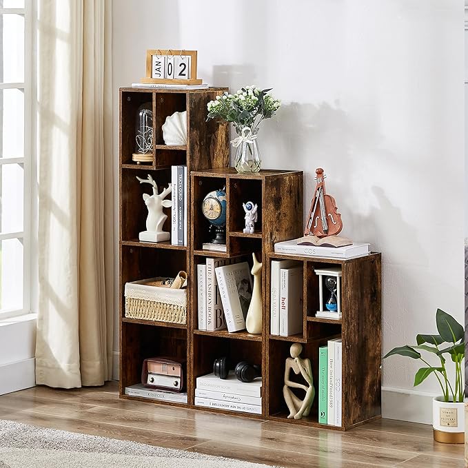 VECELO 4-Tier Bookcase, Modern Storage Cabinet with Height Difference Shelves for Standard Textbooks, 5 Cubes, Vertical or Horizontal, Easy Assembly, Rustic Brown - LeafyLoom