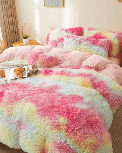 FOPPA Rainbow Plush Comforter Cover Set, 3 Pieces (Queen, Tie-Dye), Ultra Soft Faux Fur Bedding - LeafyLoom