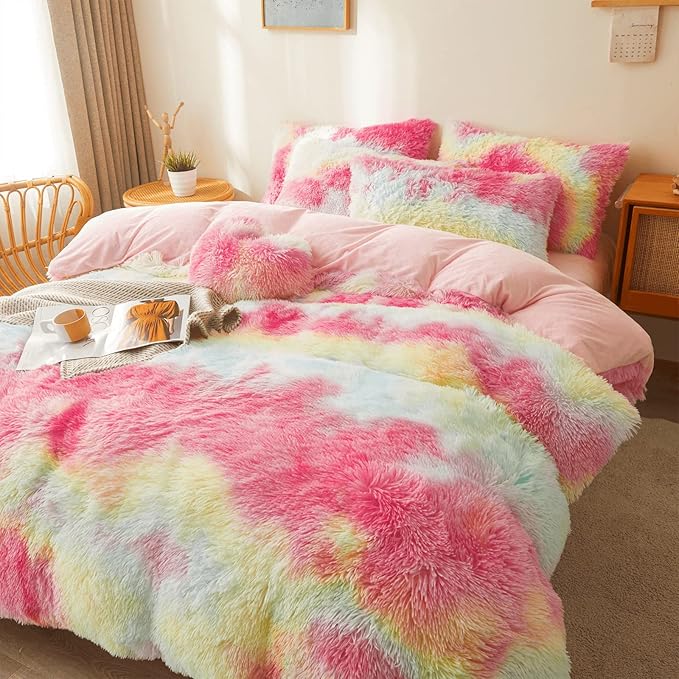 FOPPA Rainbow Plush Comforter Cover Set, 3 Pieces (Queen, Tie-Dye), Ultra Soft Faux Fur Bedding - LeafyLoom