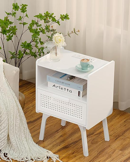 Lerliuo Rattan Nightstand with Charging Station, Side Table with Drawer Open Shelf, Cane Accent Bedside End Table with Solid Wood Legs, Night Stand for Bedroom, Dorm and Small Spaces (White) - LeafyLoom