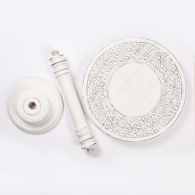 Side Table,Round End Table,Small Table,Side Tables Living Room,End Table,Round Side Table,Altar Table, Carved Side Table,Wood Accent Table,Carved Wood Table Single Pillar 18x22 inch White Antique - LeafyLoom