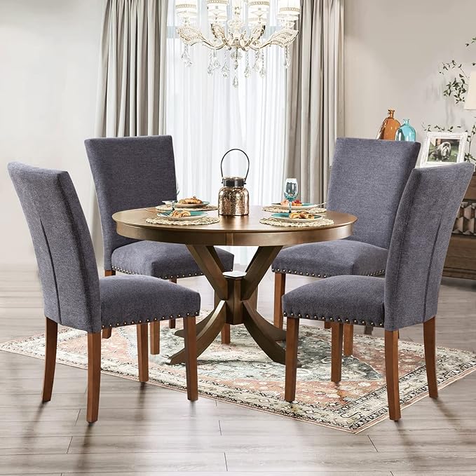 Parsons Dining Chairs Set of 4, Upholstered Nailhead Dining Room Kitchen Side Chair with Thick Cushions and Wood Legs, Dark Grey - LeafyLoom