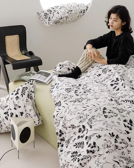 Black Botanical Comforter Set Twin White Black Floral Plant Bedding Comforter Set Girls Garden Pattern Printed on White Blanket Rustic Leaf Blossom Women White Farmhouse Comforter Twin - LeafyLoom