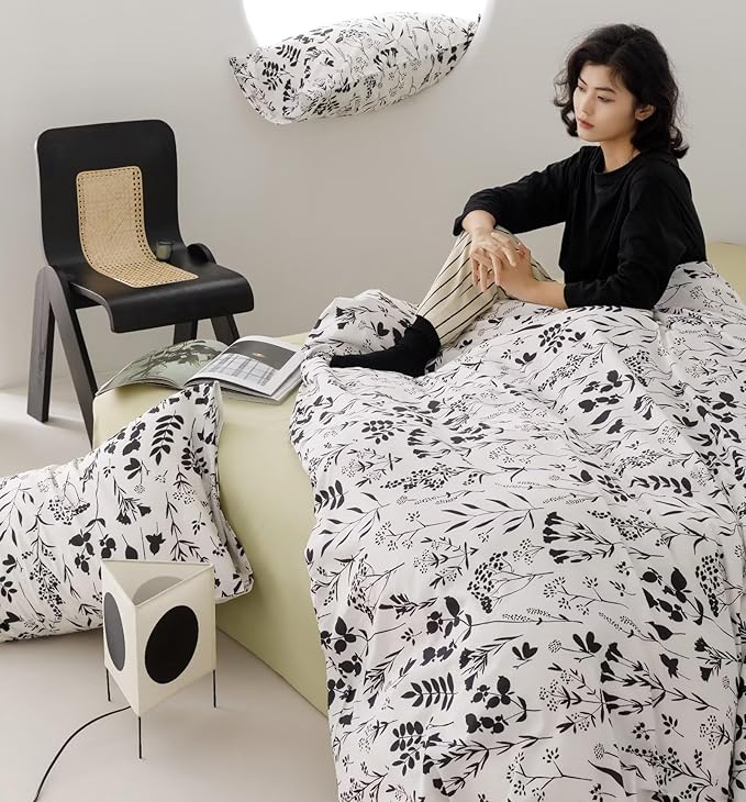 Black Botanical Comforter Set Twin White Black Floral Plant Bedding Comforter Set Girls Garden Pattern Printed on White Blanket Rustic Leaf Blossom Women White Farmhouse Comforter Twin - LeafyLoom