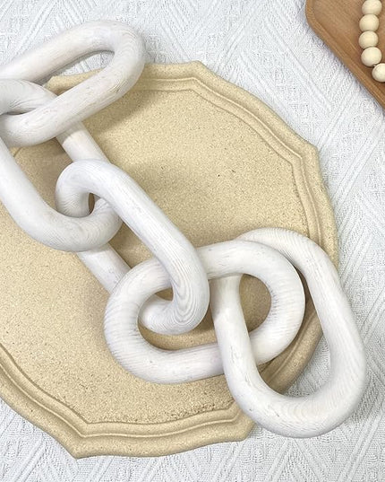 Wood Chain Link Decor | Hand Boho Carved Decor for Table, Shelf Decor Accents Rustic Farmhouse Aesthetic 5 Link Chain Knot Decor Home Living Room, Bedroom, Entryway Coffee Table Decor (White) - LeafyLoom