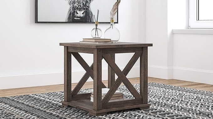 Signature Design by Ashley Aldwin Rustic Farmhouse 60" Home Office Lift Top Desk with Charging Ports, Distressed Gray & Arlenbry End Table, Gray - LeafyLoom