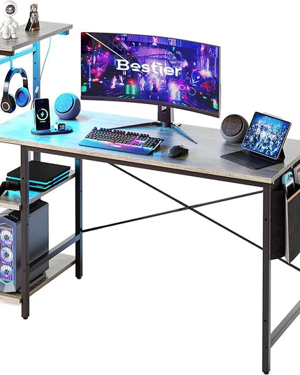 Bestier Gaming Desk with LED Lights, Computer Desk with 4 Tiers Reversible Shelves, 51.3 Inch Home Office Writing Desk with Side Storage Bag, Hooks and Height Adjustable Shelf (Retro Grey Oak) - LeafyLoom