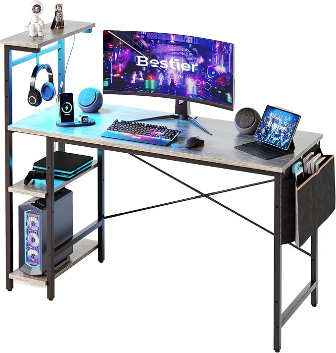 Bestier Gaming Desk with LED Lights, Computer Desk with 4 Tiers Reversible Shelves, 51.3 Inch Home Office Writing Desk with Side Storage Bag, Hooks and Height Adjustable Shelf (Retro Grey Oak) - LeafyLoom