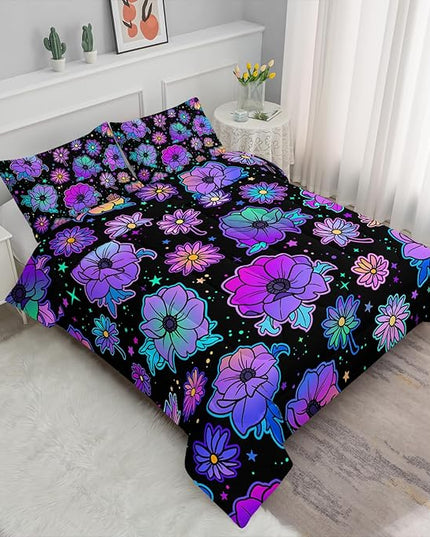 Axolotl Neon Floral Bedding Set Queen,Gradient Floral Comforter Set for Girls,Colorful Flower Bedding Set Stars,Galaxy Series Comforter for Kids Boys Girls Teens Adults,1 Quilt 2 Pillowcases,Black - LeafyLoom