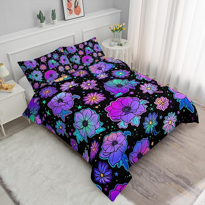 Axolotl Neon Floral Bedding Set Queen,Gradient Floral Comforter Set for Girls,Colorful Flower Bedding Set Stars,Galaxy Series Comforter for Kids Boys Girls Teens Adults,1 Quilt 2 Pillowcases,Black - LeafyLoom