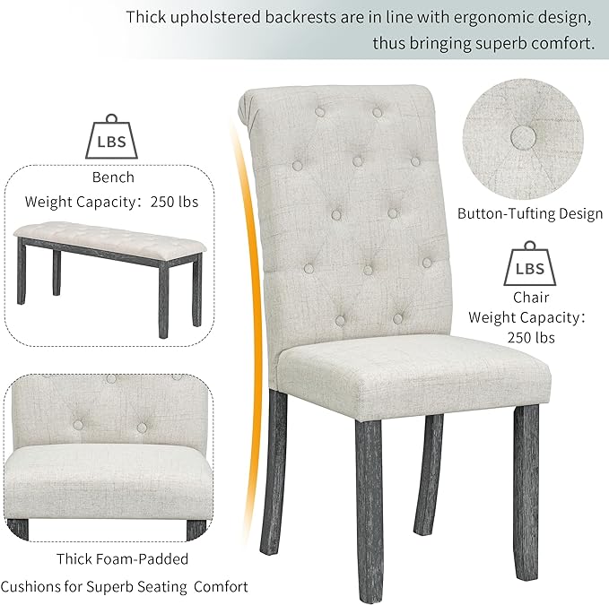 6-Piece Retro Dining Table Set with Unique Wood Legs and 4 Upholstered Button-Tufting Back Chairs & 1 Bench for Kitchen Furniture, Gray Wash, 59.8" L x 35.8" W x 30" H - LeafyLoom