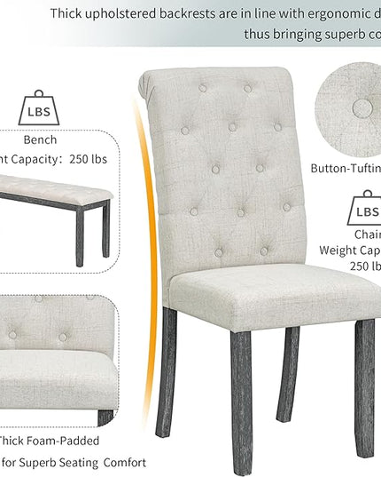 6-Piece Retro Style Rectangular Dining Table Set with Unique Legs and 4 Upholstered Chairs & 1 Bench for Kitchen, Breakfast Nook, Living Room, Gray Wash, 59.8" L x 35.8" W x 30" H - LeafyLoom