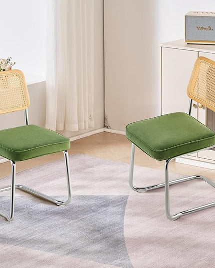 VEVOR Rattan Dining Chairs Set of 2, Mid Century Modern Dining Chair, Upholstered Velvet Accent Chair with Rattan Back, Retro Dining Room Kitchen Chair for Living Room, Bedroom, Office (18.1 Inch) - LeafyLoom