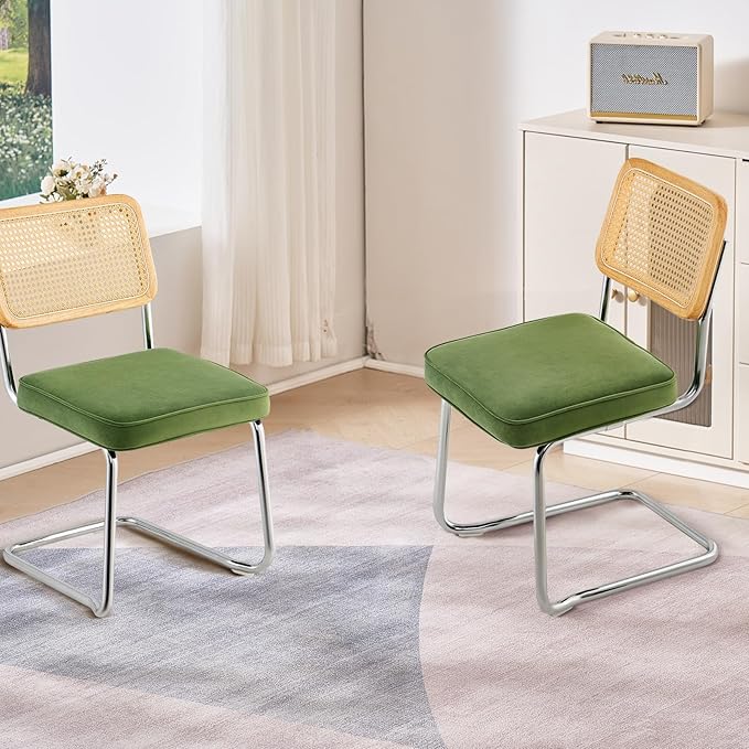 VEVOR Rattan Dining Chairs Set of 2, Mid Century Modern Dining Chair, Upholstered Velvet Accent Chair with Rattan Back, Retro Dining Room Kitchen Chair for Living Room, Bedroom, Office (18.1 Inch) - LeafyLoom