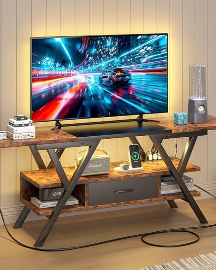 Yusong 65 inch LED TV Stand, Entertainment Center Gaming TV Table with Outlets, Up to 65" Media Console for Living Room, 29+DIY Dynamic RGB Modes, Rustic Brown and Black - LeafyLoom