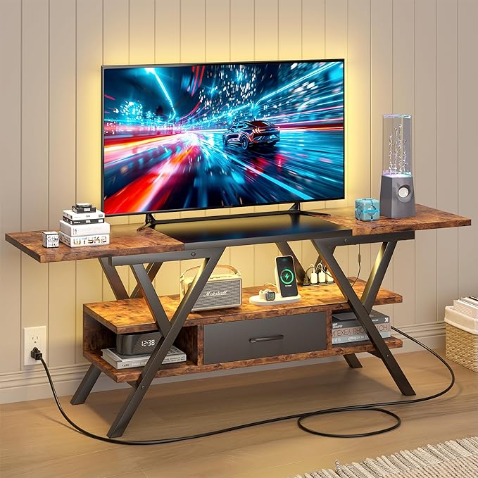 Yusong 65 inch LED TV Stand, Entertainment Center Gaming TV Table with Outlets, Up to 65" Media Console for Living Room, 29+DIY Dynamic RGB Modes, Rustic Brown and Black - LeafyLoom