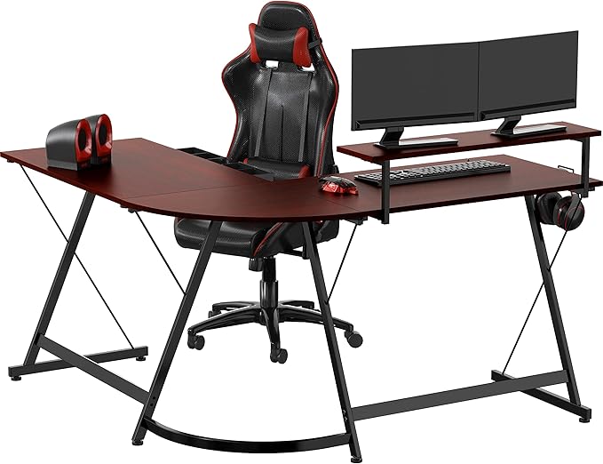 SHW Vista L-Shape Desk with Monitor Stand, Cherry - LeafyLoom