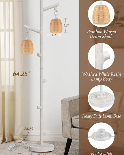 WIHTU 2 Light Tall Floor Lamps for Living Room Bright Lighting, Vintage Standing Lamp for Bedroom, White LED Pole Lamp floor with Wood Bamboo Woven Shades, Tree Corner Light for Home Decor - LeafyLoom