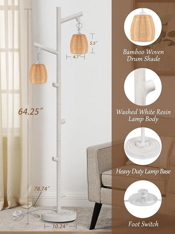 WIHTU 2 Light Tall Floor Lamps for Living Room Bright Lighting, Vintage Standing Lamp for Bedroom, White LED Pole Lamp floor with Wood Bamboo Woven Shades, Tree Corner Light for Home Decor - LeafyLoom