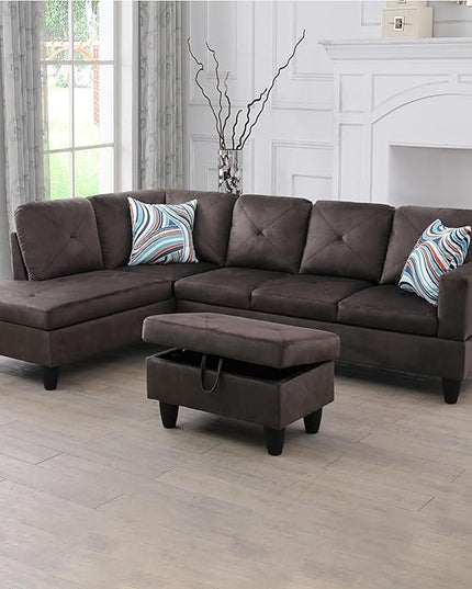L-Shaped Sectional Couches with 66.5'' Chaise Lounge & Storage Ottoman Modular Room Sofas for Home Office Apartment, Large Living Furniture, 97'' Left Hand Facing, Espresso Flannel - LeafyLoom