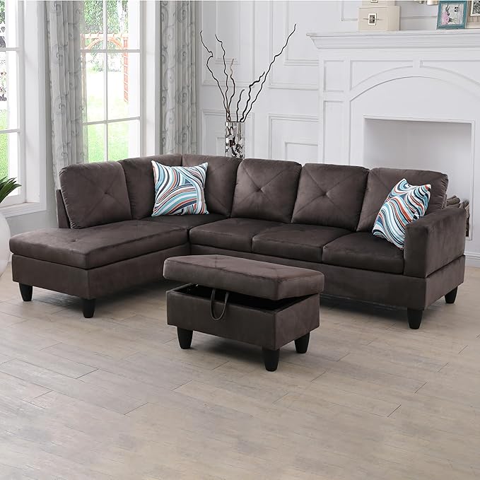 L-Shaped Sectional Couches with 66.5'' Chaise Lounge & Storage Ottoman Modular Room Sofas for Home Office Apartment, Large Living Furniture, 97'' Left Hand Facing, Espresso Flannel - LeafyLoom