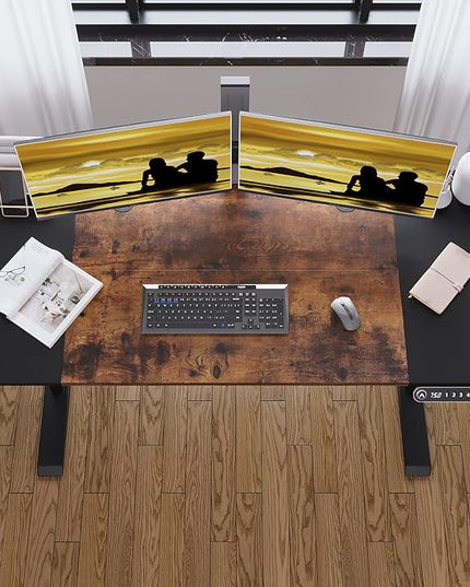 Adjustable Height Electric Standing Desk, 55 x 24 Inch Sit Stand Computer Desk with Lockable Casters, Stand Up Desk Table for Home Office, Black Frame/Rustic Brown + Black Top - LeafyLoom