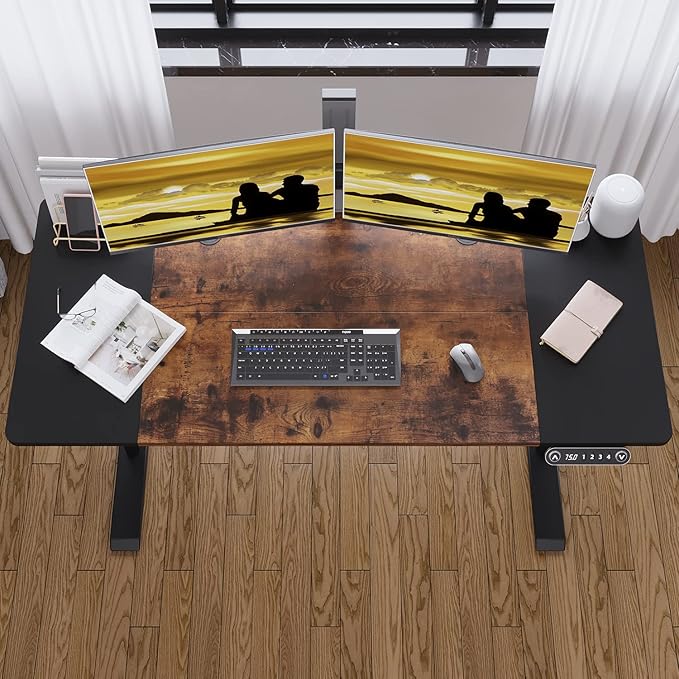 Adjustable Height Electric Standing Desk, 55 x 24 Inch Sit Stand Computer Desk with Lockable Casters, Stand Up Desk Table for Home Office, Black Frame/Rustic Brown + Black Top - LeafyLoom