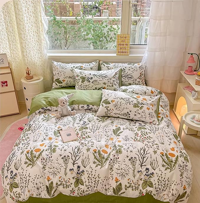 Botanical Comforter Set Twin Cotton White and Green Floral Plant Bedding Set Garden Pattern Printed on White Reversible Blanket 3 PCs 1 White Comforter 2 Pillowcases - LeafyLoom
