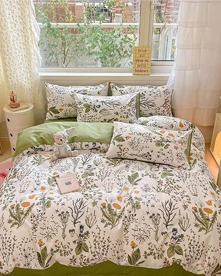 Botanical Comforter Set Cal King White and Sage Green Floral Plant Bedding Set Garden Pattern Printed on White Women Reversible Blanket 3 PCs Girls Breathable White Floral Bed Comforter Set - LeafyLoom