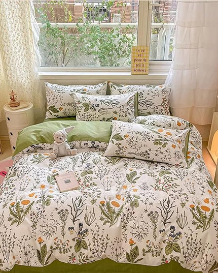 Botanical Comforter Set King White and Sage Green Floral Plant Bedding Set Garden Pattern Printed on White Women Reversible Blanket 3 PCs Girls Breathable White Floral Bed Comforter Set - LeafyLoom