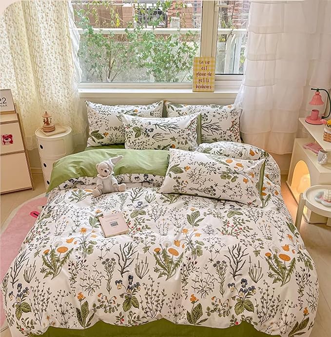 Botanical Comforter Set King White and Sage Green Floral Plant Bedding Set Garden Pattern Printed on White Women Reversible Blanket 3 PCs Girls Breathable White Floral Bed Comforter Set - LeafyLoom