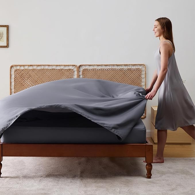 Bedsure Queen Sheet Set, Cooling Sheets for Queen Size Bed Set, Rayon Derived from Bamboo, Breathable & Soft Deep Pocket Up to 16", Hotel Luxury Silky Bedding Sheets & Pillowcases, Dark Grey - LeafyLoom
