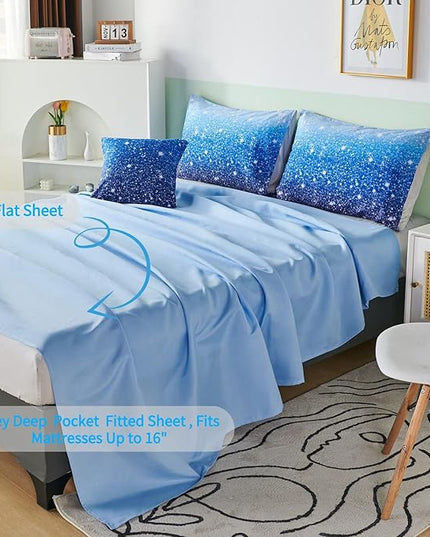 RYNGHIPY 6Pcs Gradient Aqua Blue Navy Ombre Comforter Sets with Sheets Pillowcases, Full Size Sparkle Glitter Design Comforter Bedding Collections for Kids Boys and Girls - LeafyLoom