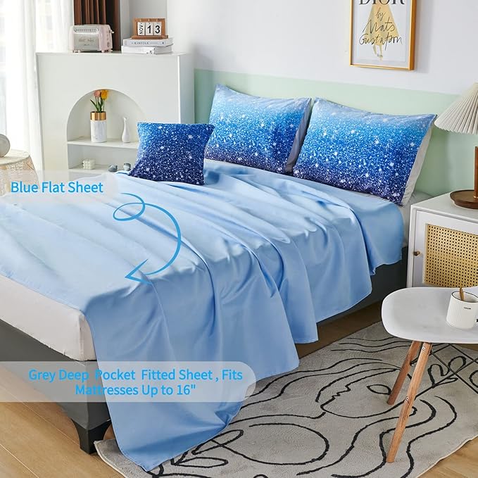 RYNGHIPY 6Pcs Gradient Aqua Blue Navy Ombre Comforter Sets with Sheets Pillowcases, Full Size Sparkle Glitter Design Comforter Bedding Collections for Kids Boys and Girls - LeafyLoom