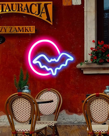 Bat Neon Signs Halloween Decorations, Moon&Bat LED Neon Lights for Wall Decor Battery/USB Operated Night Lights Bat&Moon Lamp for Home, Christmas, Teen Kids Game Room Decor (Pink Moon&Blue Bat) - LeafyLoom