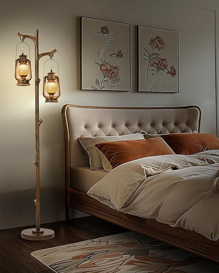 68" Rustic Farmhouse Tree Trunk Floor Lamp Country Brown Finish Wood Vintage Standing Tall Lamp with lantern Stepless Dimmable Industrial floor Lamp Decor for Bedroom Living Room Office Hotel - LeafyLoom