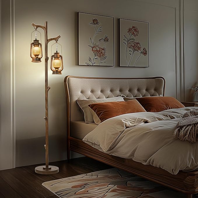 68" Rustic Farmhouse Tree Trunk Floor Lamp Country Brown Finish Wood Vintage Standing Tall Lamp with lantern Stepless Dimmable Industrial floor Lamp Decor for Bedroom Living Room Office Hotel - LeafyLoom