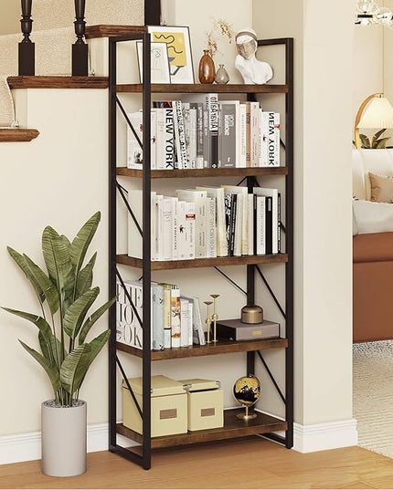 YITAHOME 5-Tier Bookshelf, Freestanding Book Shelf, Industrial Minimalist Open Display Storage Book Shelves Standing Shelving Unit for Living Room Bedroom Home Office, Rustic Brown - LeafyLoom