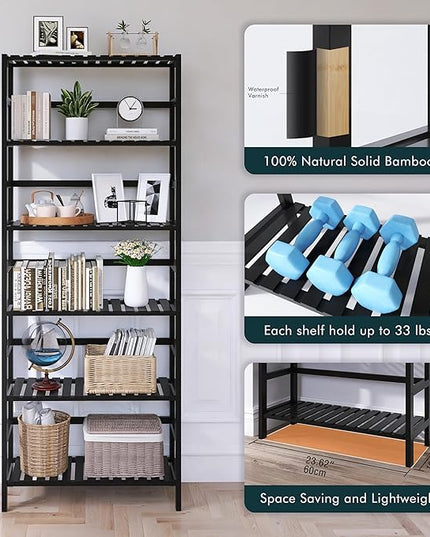 Bamboo Bookshelf, 6-Tier Tall Open Bookcase with Adjustable Shelves, Floor Standing Storage Shelf Unit for Living Room Bathroom Home Office, Black - LeafyLoom