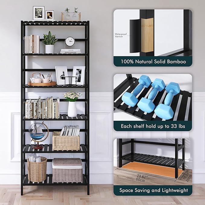 Bamboo Bookshelf, 6-Tier Tall Open Bookcase with Adjustable Shelves, Floor Standing Storage Shelf Unit for Living Room Bathroom Home Office, Black - LeafyLoom