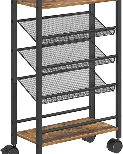5 Tier Bookshelf, Metal Small Industrial Bookcase, Mobile Book Shelf Paper Cart with Wheels, Book Case Display Storage Shelf Organizer for Living Room, Home Office, Rustic Brown SJ01BR - LeafyLoom