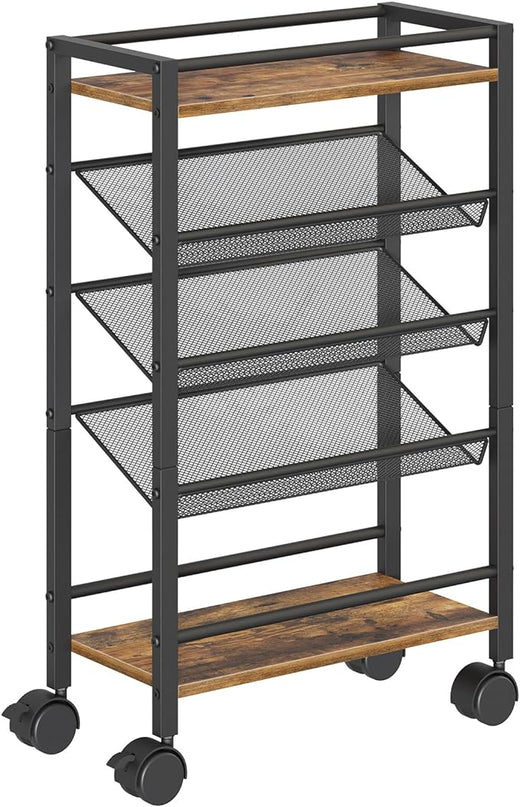 5 Tier Bookshelf, Metal Small Industrial Bookcase, Mobile Book Shelf Paper Cart with Wheels, Book Case Display Storage Shelf Organizer for Living Room, Home Office, Rustic Brown SJ01BR - LeafyLoom