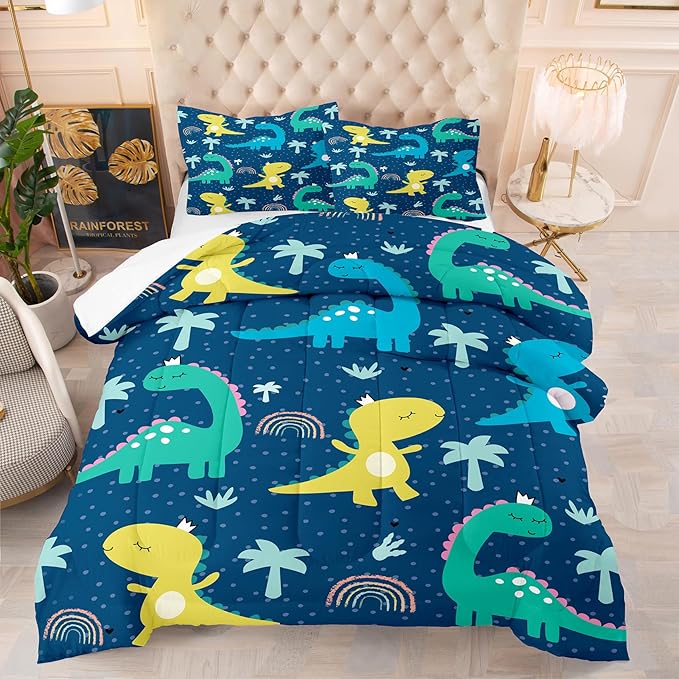 NINENINE Dark Blue Dinosaur Comforter Sets,Full Bedding Sets for Boys,Dinosaur Comforter Sets for Kids,Cartoon Bedding Sets with 1 Comforter 2Pillowcases - LeafyLoom