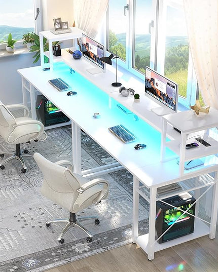 Gaming Desk with Lights & Power Outlets, 47.2' Computer Desk with Shelves, Small Desk for Small Space, Writing Desk with Monitor Stand, White - LeafyLoom